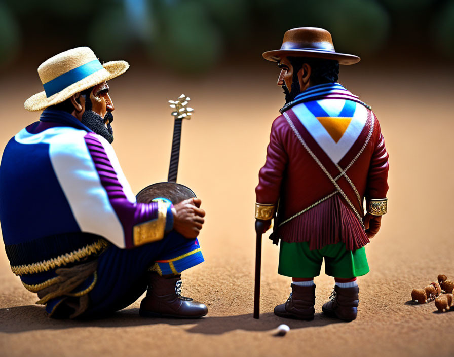 Traditional Mexican toy figures with guitar and cane on sandy surface