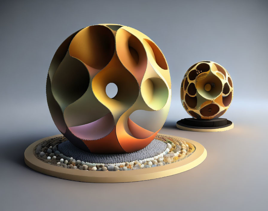 Spherical sculptures with intricate cutouts on stands, one larger in warm colors and one smaller in cool