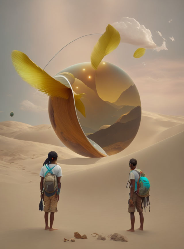 Surreal desert scene: two figures, giant fish-finned sphere, green orb, cloudy sky