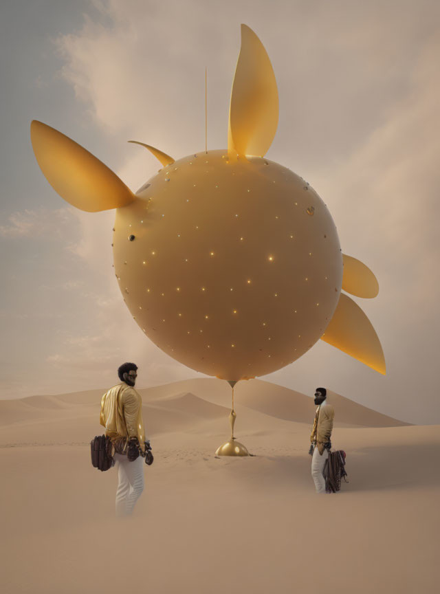 Two people in desert with surreal golden sphere and petal-like fins.