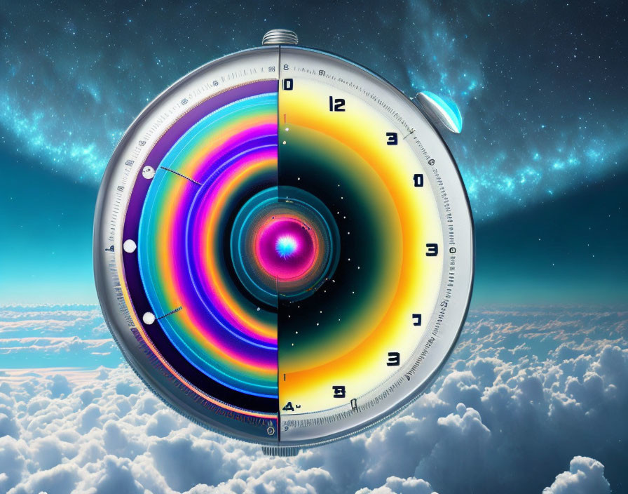 Circular Time Concept Floating Above Clouds with Vibrant Color Spectrum and Clock Elements