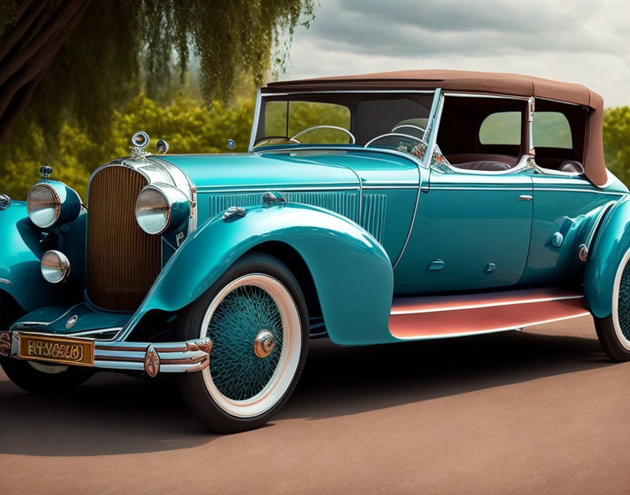 Vintage turquoise blue car with white-walled tires and brown convertible top parked outdoors.