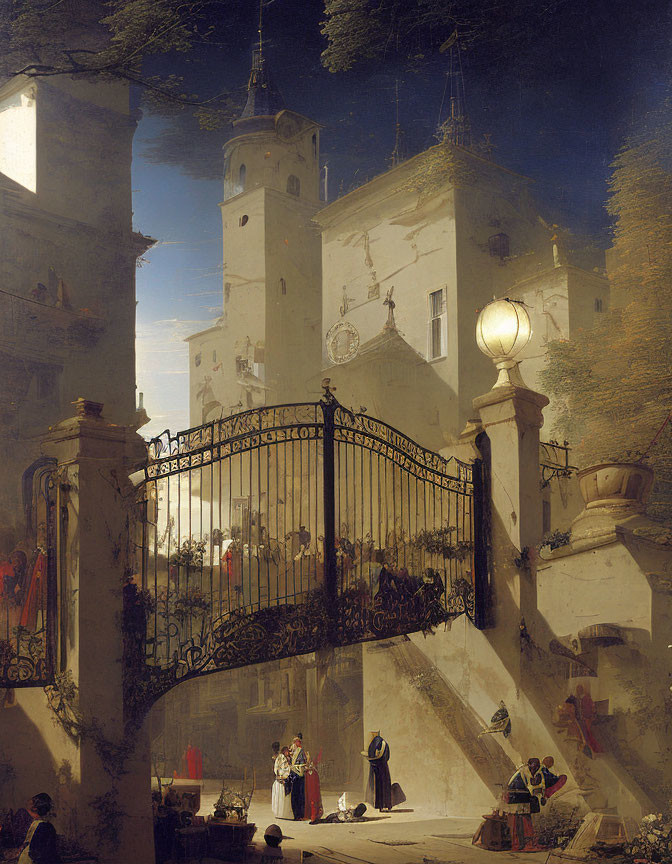 Tranquil scene with people by staircase near church in dramatic light and shadow.