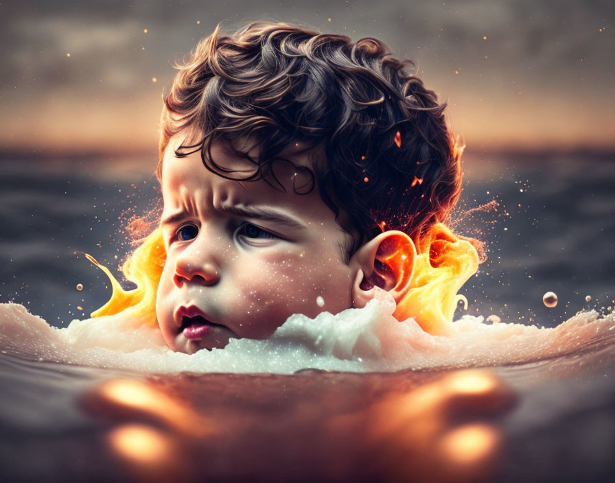 Digital Art: Baby with Fire and Water Effects