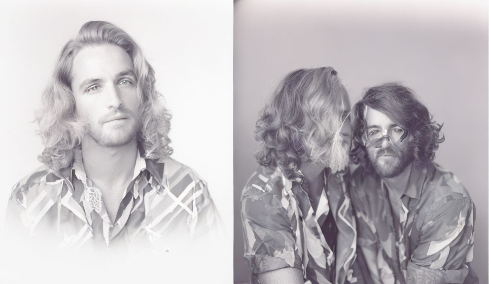 Diptych of person with curly hair in matching shirts