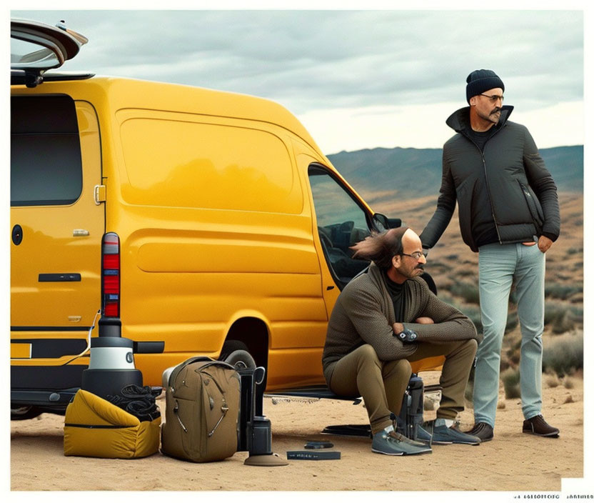 Two Men Outdoors by Yellow Van in Desert Setting