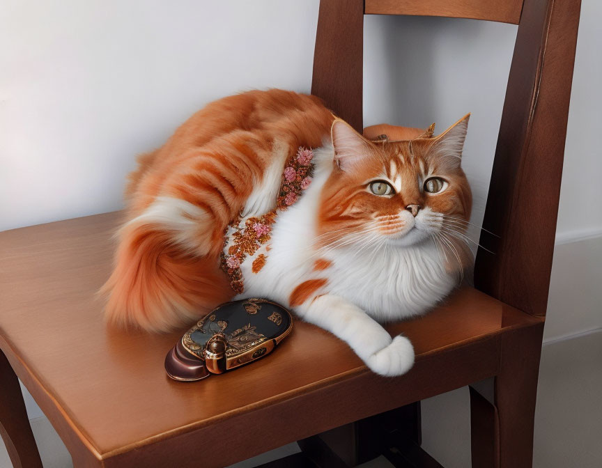 Orange and White Cat with Striking Eyes Resting Near Vintage Pocket Watch