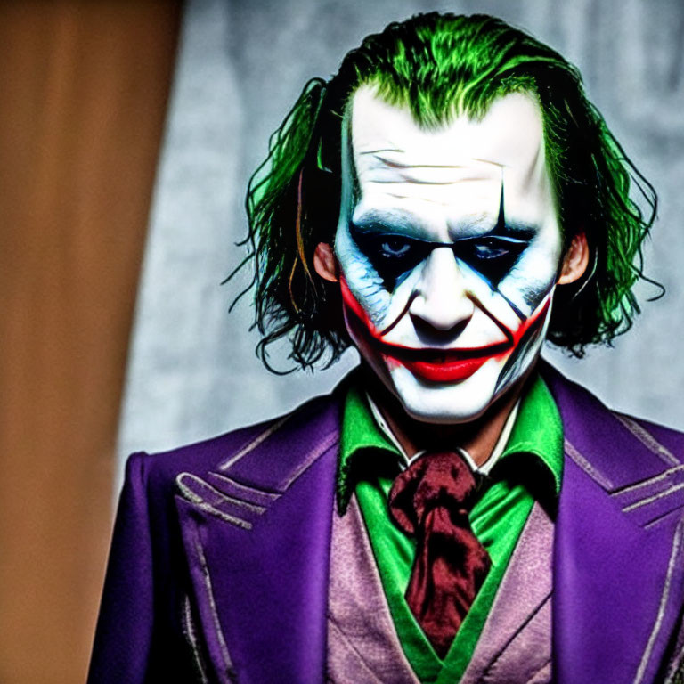 Intense stare of person in Joker costume with white makeup & green hair