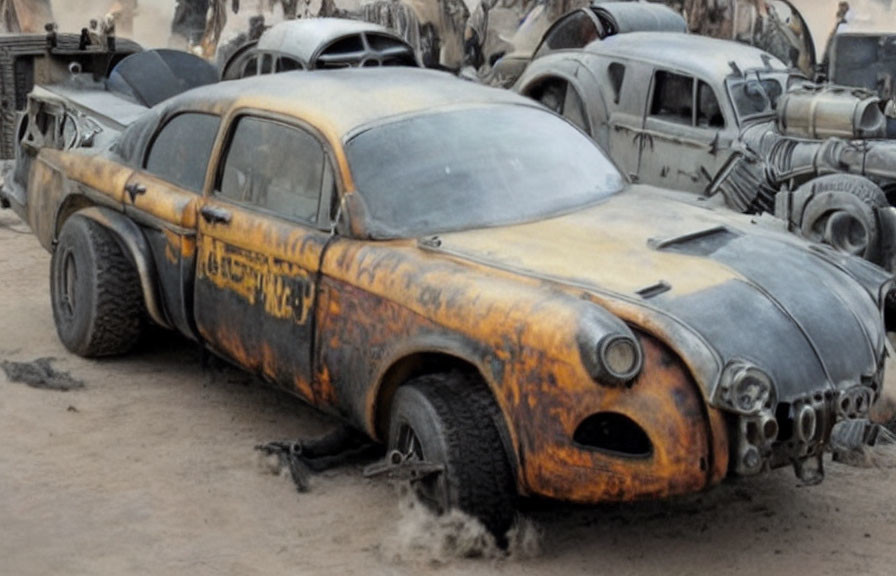 Rusty vintage vehicle in post-apocalyptic setting