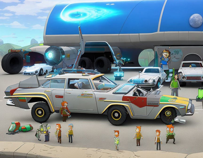 Futuristic vehicle workshop with animated characters and advanced cars