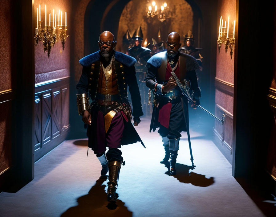 Men in ornate military costumes escort soldiers down dimly lit corridor