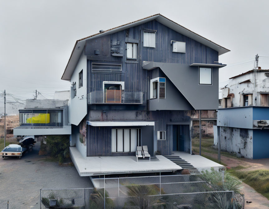 Two-story blue house with balcony and geometric shapes in quiet environment