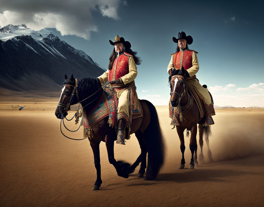 Andean individuals on horses in desert with mountain backdrop