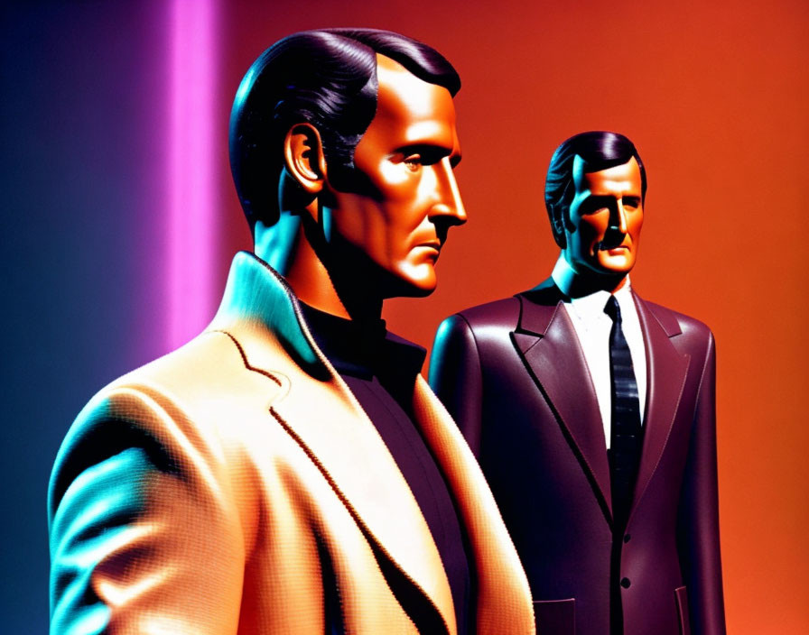 Stylized male figures in suits on colorful retro-futuristic background