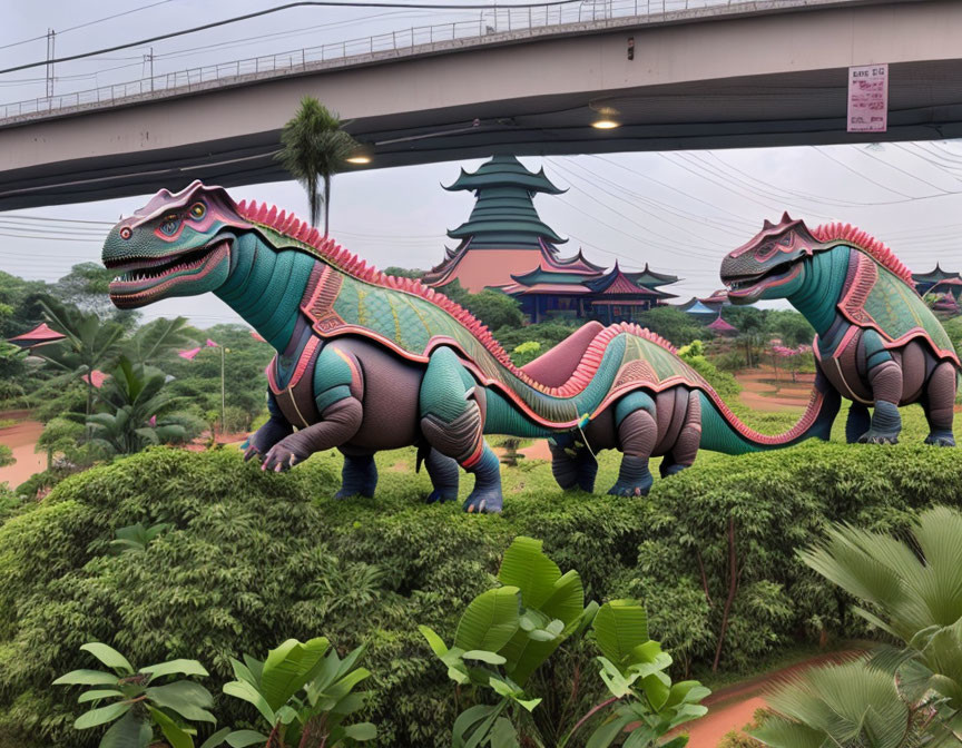 Vibrant dinosaur statues in park with greenery and traditional buildings.