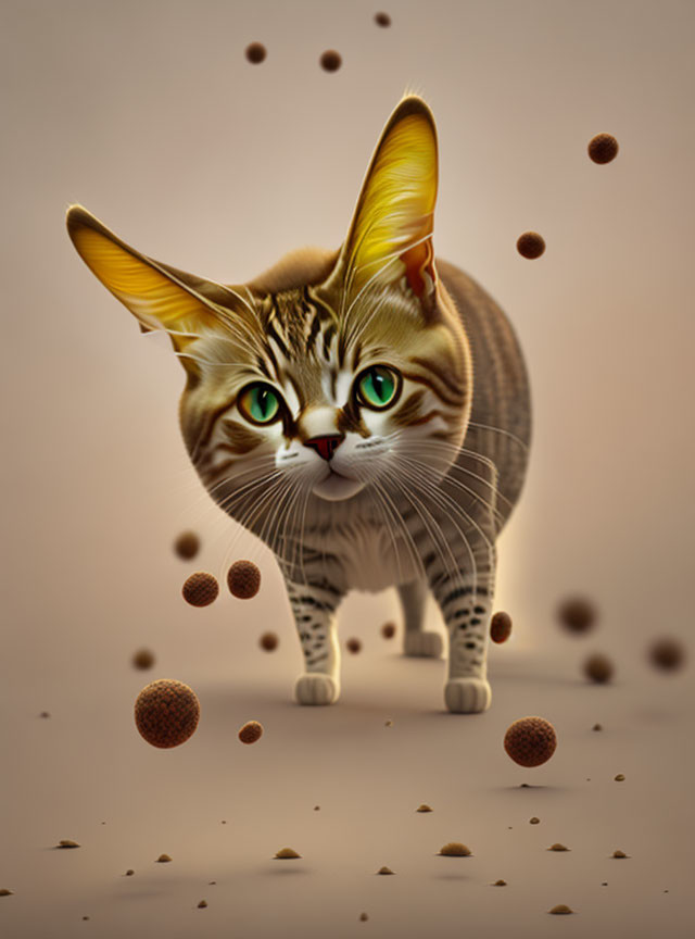 Surreal digital artwork: cat with oversized, pointed ears in floating orb environment