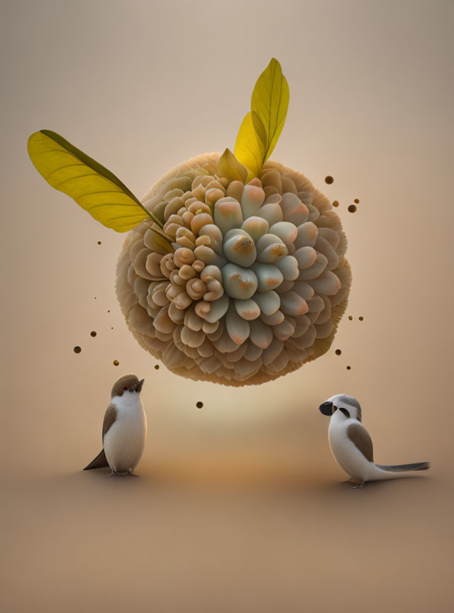 Surreal illustration: Birds and floating fruit with leaves and orbs