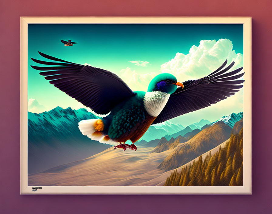 Colorful Bird Flying Over Mountainous Landscape with Second Bird in Distance