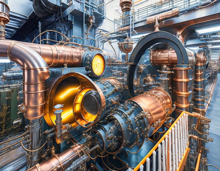 Industrial interior with blue pipes, metallic surfaces, and glowing orange elements.