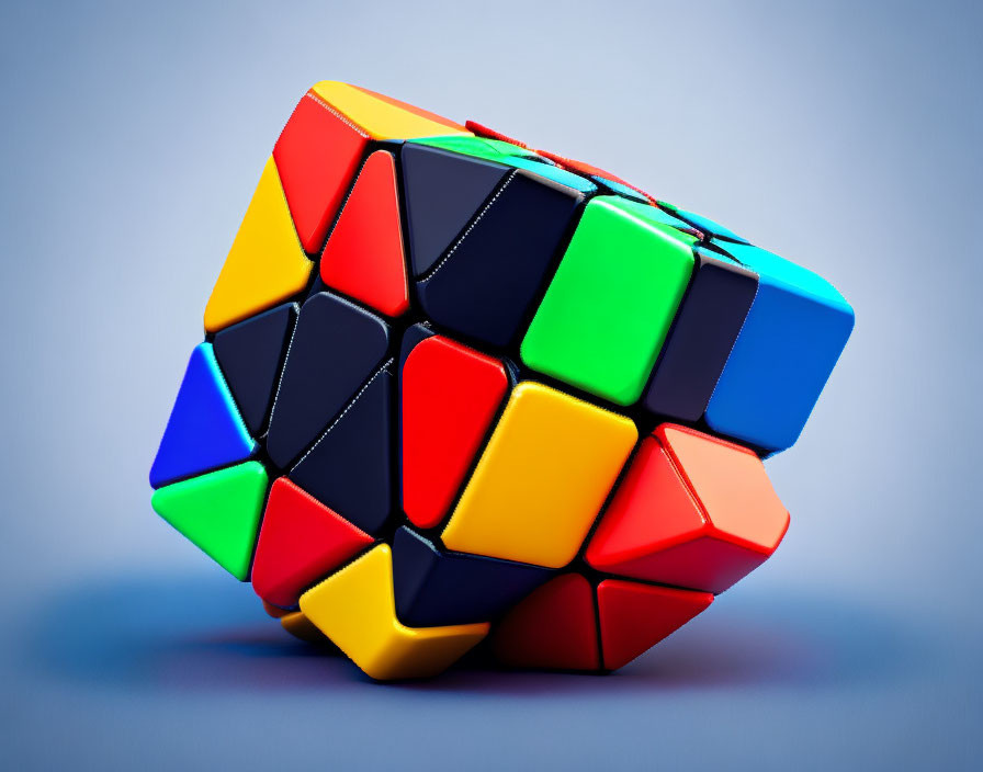 Unsolved 3D-rendered Rubik's cube on blue background