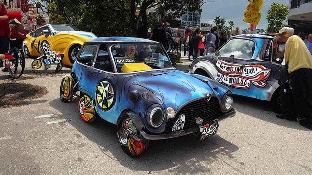 Vintage Mini Cooper with blue flame paint job and custom wheels at car show