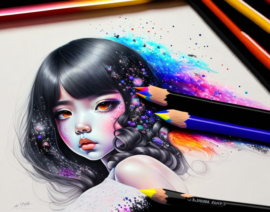 Vibrant cosmic-themed girl illustration with colorful pencil streams