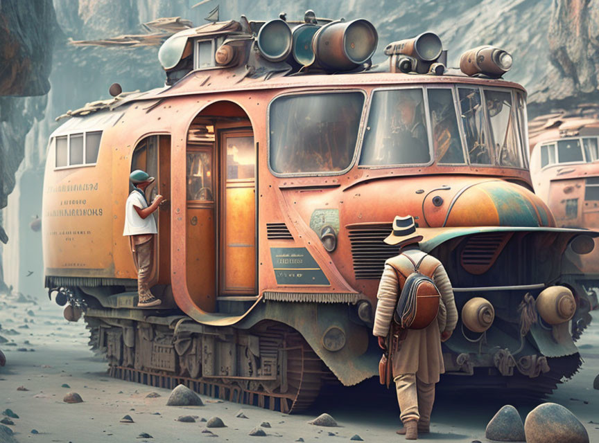 Vintage-style train with large wheels on rocky terrain, travelers with hats, person boarding, misty mountain