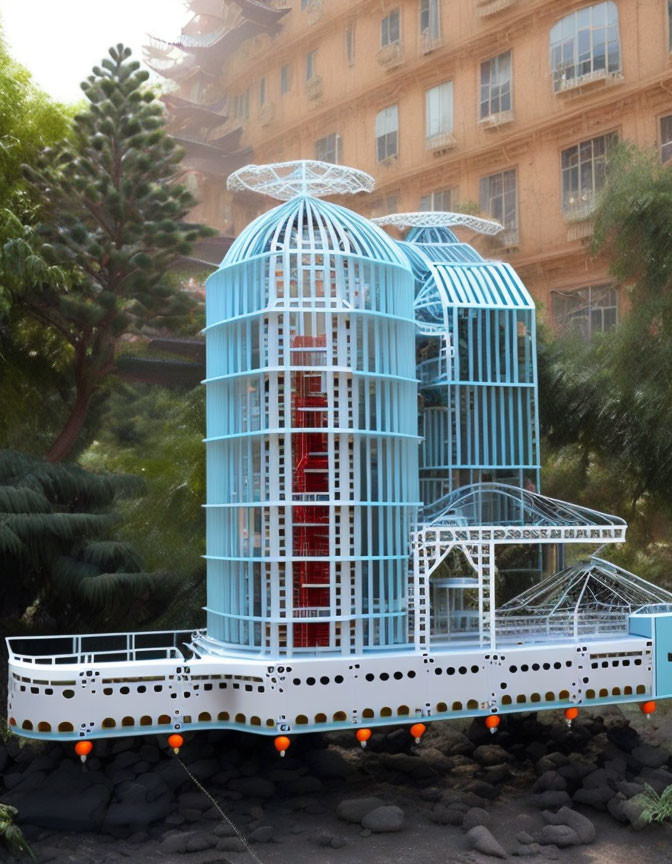 Blue-framed birdcage structure with red interior against building and trees - architectural artwork.