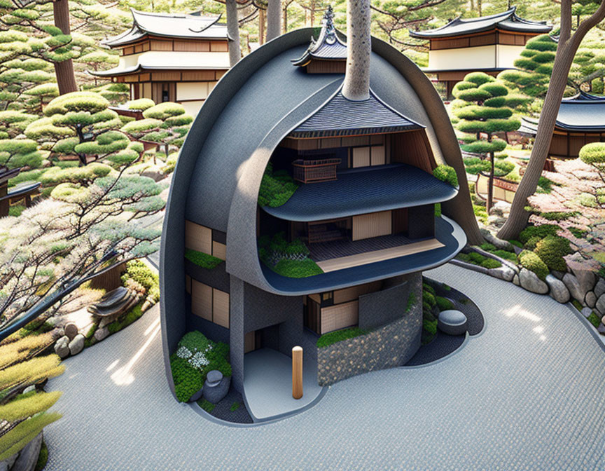 Traditional Japanese House with Curved Roof in Zen Garden