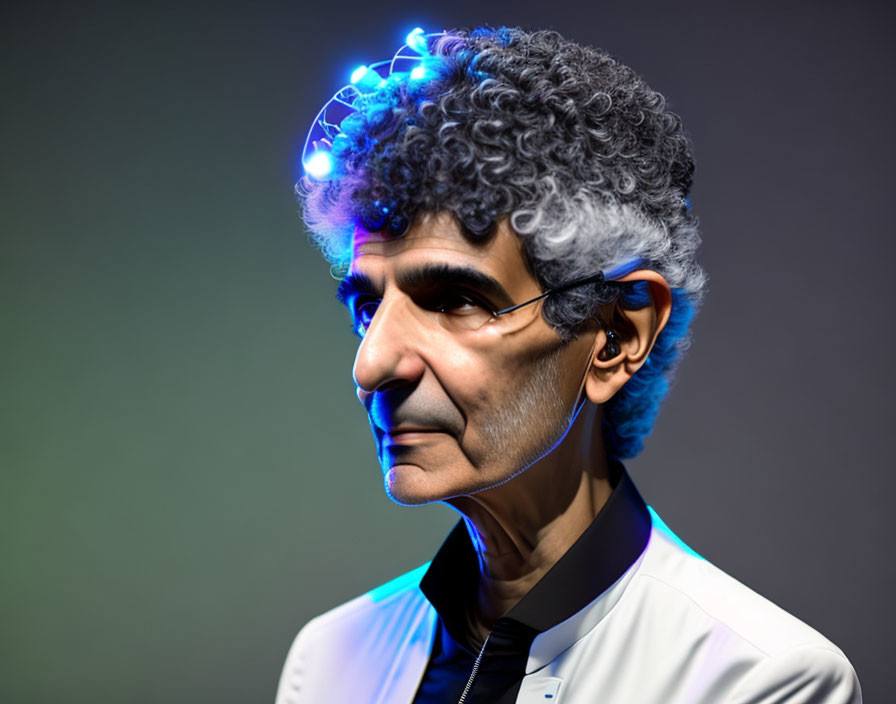 Profile view of man with gray hair in futuristic headset and glowing blue lights, white collar with blue neon