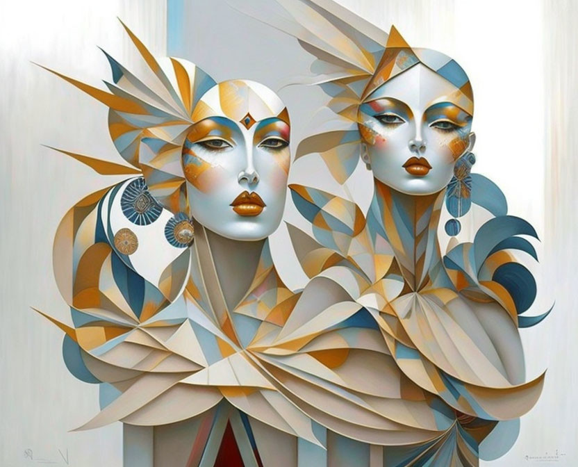 Stylized female figures with geometric headdresses and makeup in soft colors