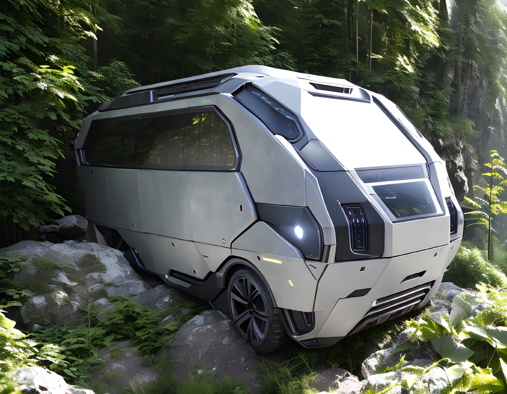 Armored vehicle in lush forest with sunlight on rocky terrain