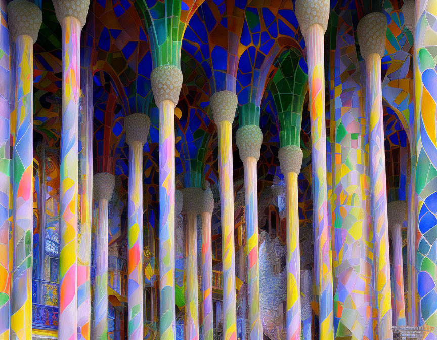 Colorful mosaic artwork on ornate hallway columns with intricate patterns.