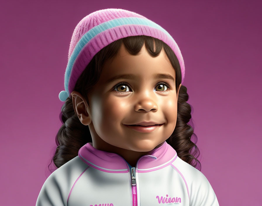 Smiling young girl in striped beanie and "Wilson" jacket on pink background