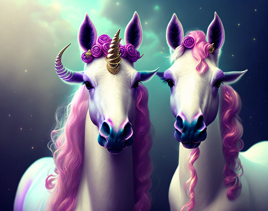 Mystical unicorns with iridescent horns and floral adornments on starry background