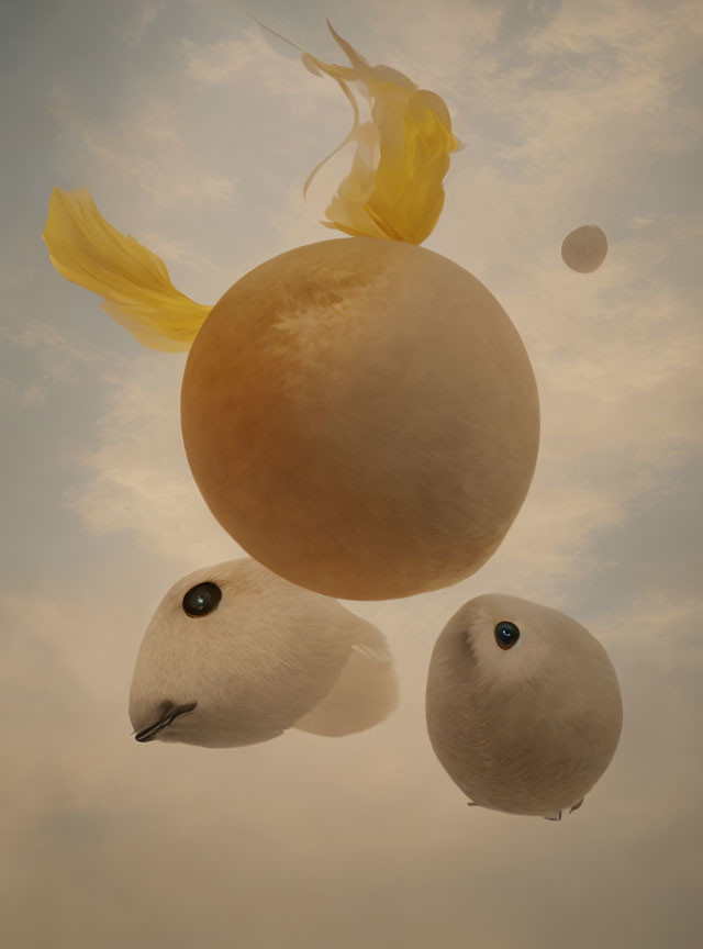 Surreal bird-like forms, large eyes, orange orb, humanoid figure in yellow dress