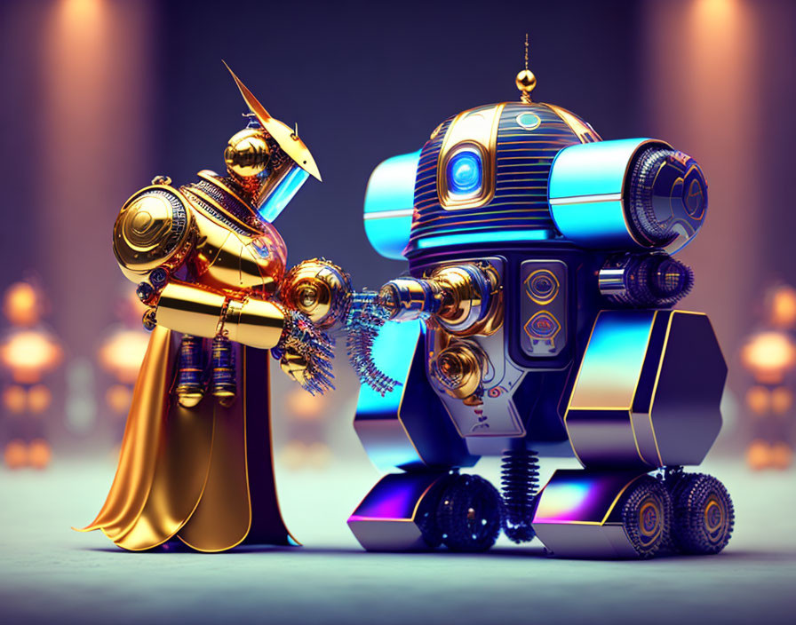 Stylized knight and cylindrical robots shaking hands in warm setting