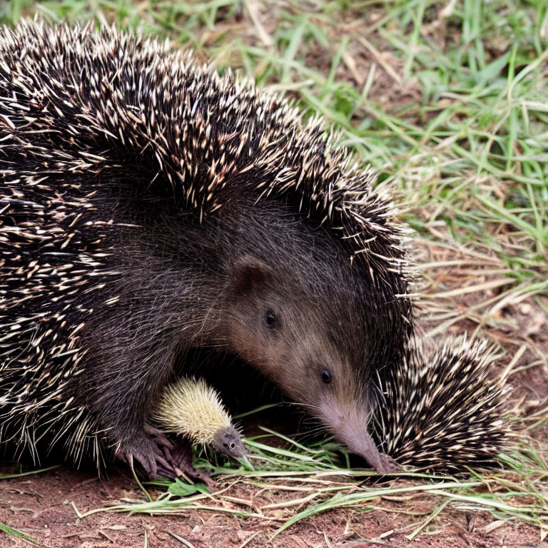 Mother Hedgehog and Baby Hedgehog Walking Through Grass