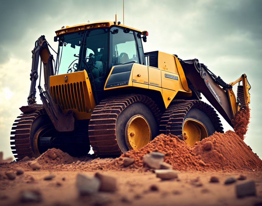 Yellow backhoe-loader on sandy site with raised bucket and cloudy sky