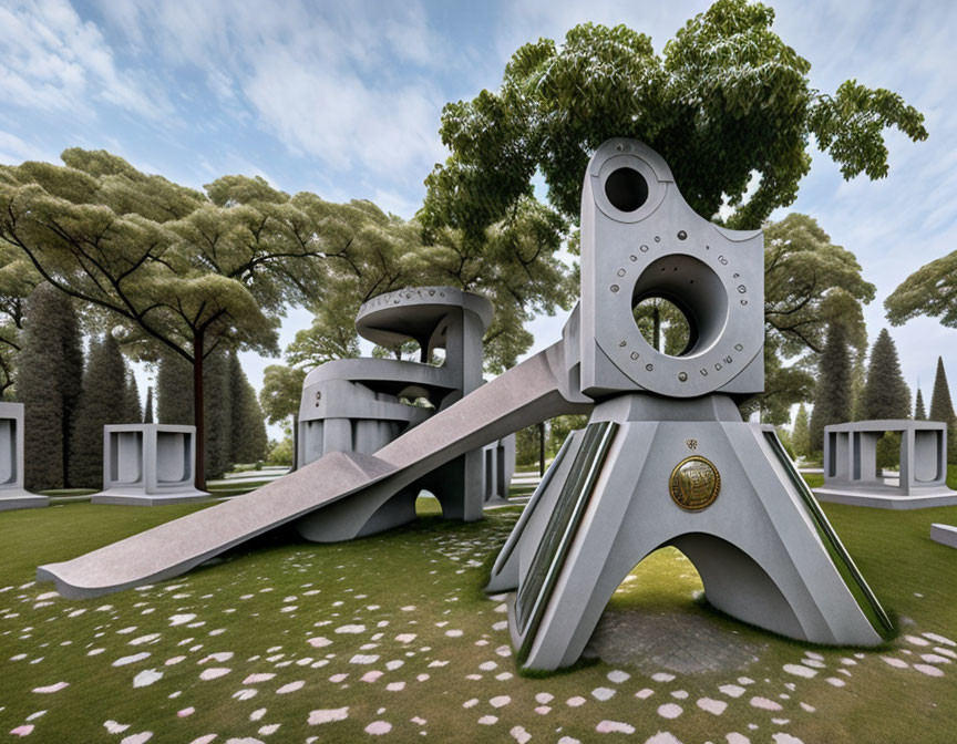 Sleek metallic slide in futuristic playground surrounded by geometric structures