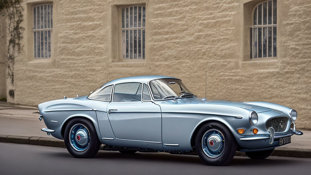 Vintage Light Blue Two-Door Coupe with Long Hood and Wire Wheels