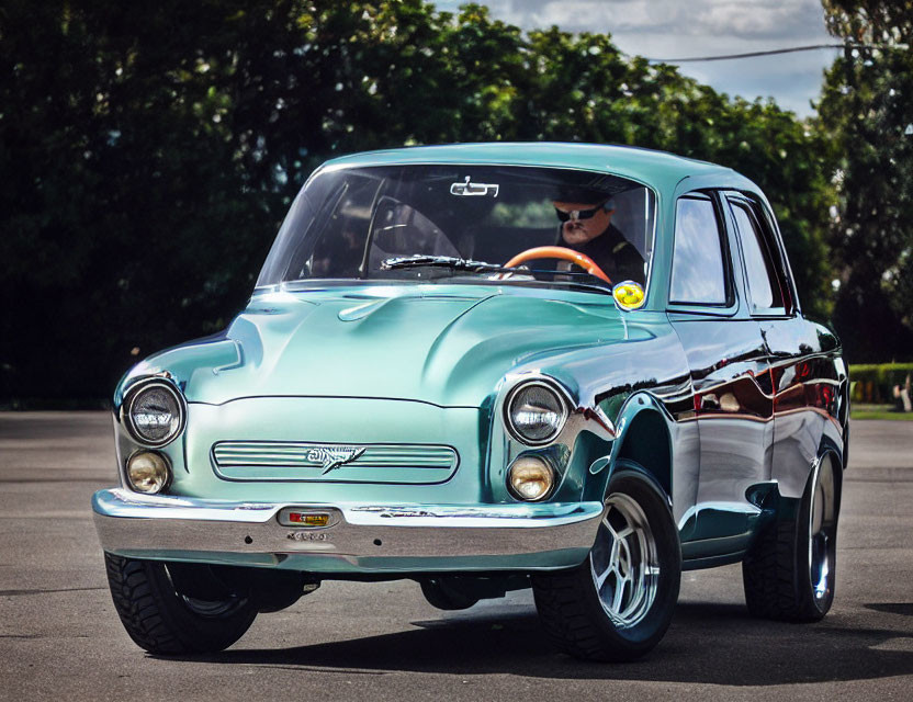 Mint Green Classic Car with Chrome Grille and Driver in Sunglasses