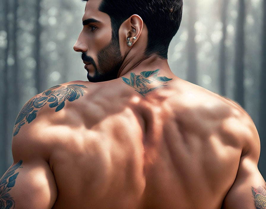 Muscular man with tattoos in misty forest setting