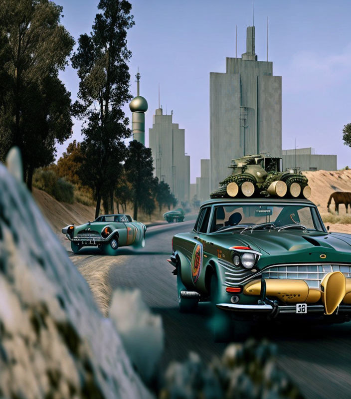 Vintage sedan with roof-mounted tank turret and convertible driving on road with futuristic city skyline.