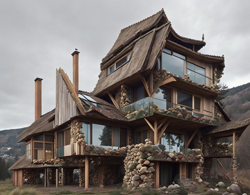 Modern house with multiple levels, glass windows, wood, stone, and greenery.