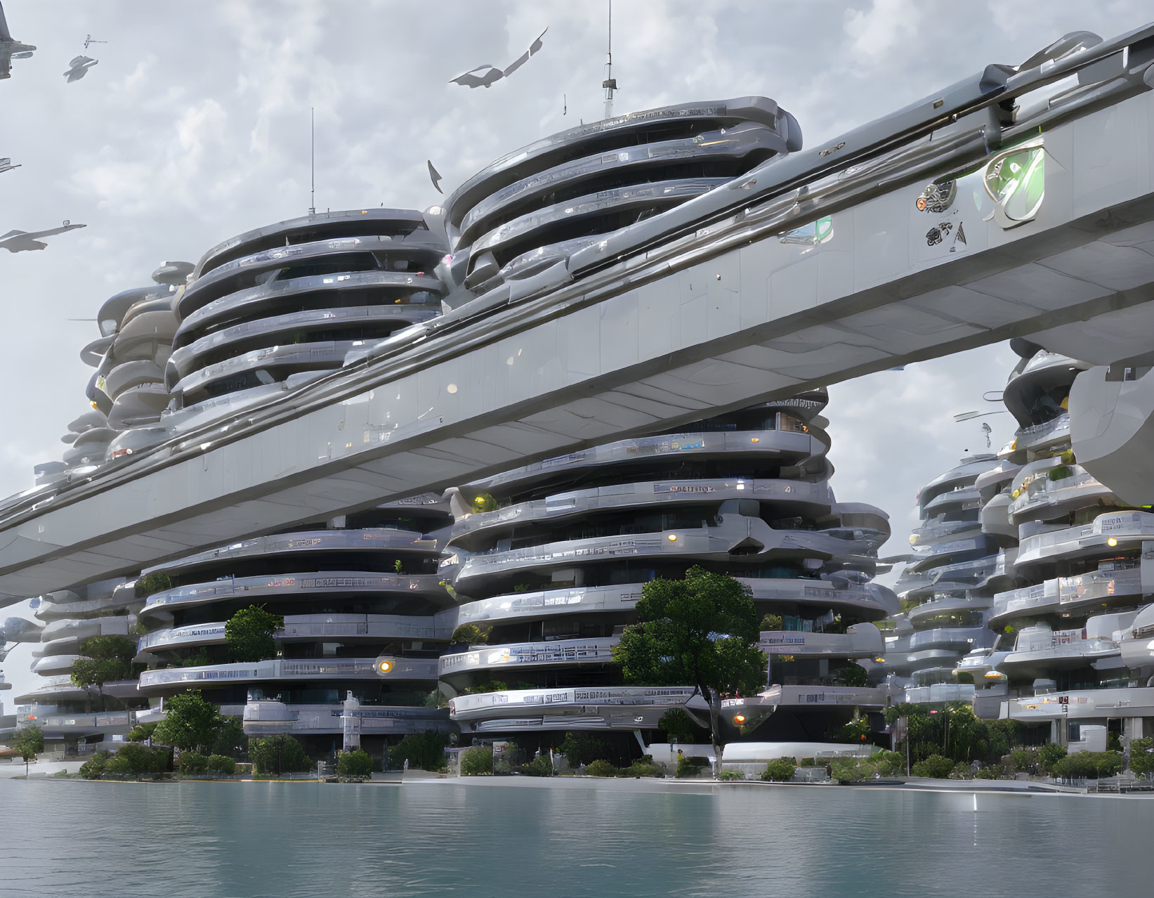 Layered Circular Buildings in Futuristic Cityscape with Flying Vehicles