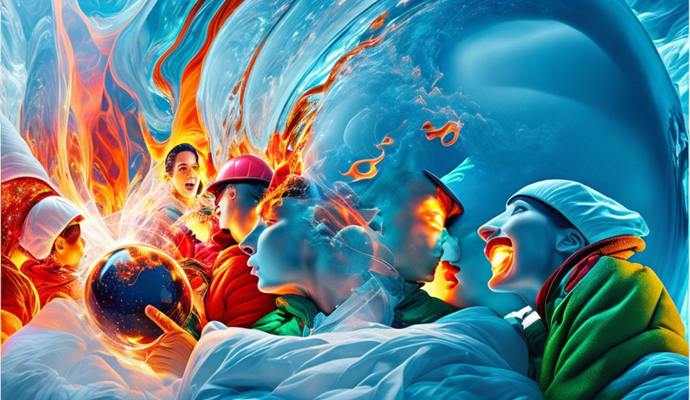 Surreal artwork with expressive faces and fire-water themes