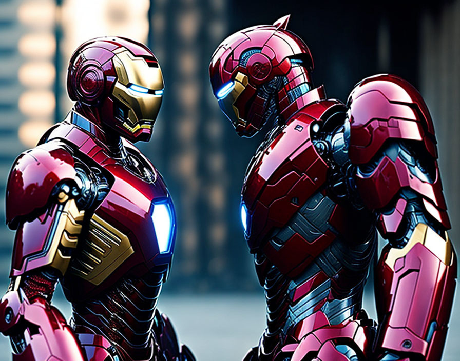 Two Iron Man suits in red and gold armor conversing closely.