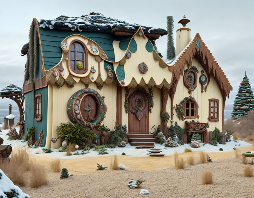 Snow-dusted fairytale house with curved roof and round windows in wintry landscape