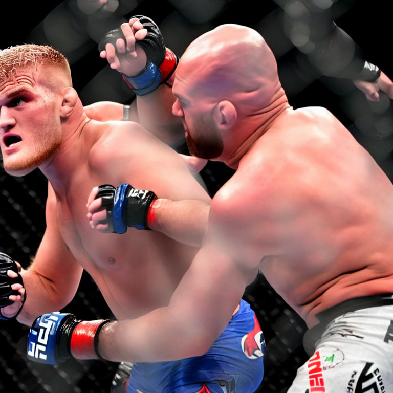 Two male MMA fighters in a cage, one defensive and the other preparing to strike